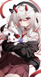  absurdres black_choker choker crossed_arms female grey_hair hair_between_eyes hat highres horns indie_virtual_youtuber looking_at_viewer multicolored_hair pleated_skirt pointy_ears red_eyes red_hair red_horns sakotach skirt solo streaked_hair stuffed_animal stuffed_toy virtual_youtuber 