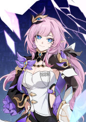  absurdres black_shrug blue_eyes breasts chinese_commentary cleavage commentary_request commission corset elf elysia_(honkai_impact) elysia_(miss_pink_elf)_(honkai_impact) female hair_ornament highres honkai_(series) honkai_impact_3rd large_breasts long_hair looking_at_viewer pink_hair pointy_ears shrug_(clothing) smile solo very_long_hair white_corset xueyu774433 