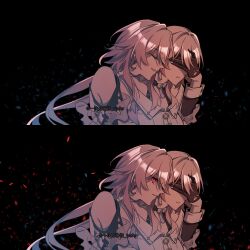  2girls black_background buttons chinese_commentary choker closed_eyes covering_another&#039;s_eyes dual_persona earrings evernight_(honkai:_star_rail) gloves hair_between_eyes highres honkai:_star_rail honkai_(series) jewelry long_hair march_7th_(honkai:_star_rail) march_7th_(preservation)_(honkai:_star_rail) multiple_girls pink_hair shirt single_bare_shoulder single_earring strap yikuaiweihuabing_wafer yuri 