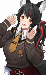  animal_ear_fluff animal_ears aran_sweater black_hair breasts brown_sweater cable_knit claw_pose collared_shirt commentary_request contrast_collar female hands_up head_tilt highres hololive knit_sweater large_breasts light_blush long_hair long_sleeves looking_at_viewer multicolored_hair necktie oerba_yun_fang official_alternate_costume ookami_mio ookami_mio_(10th_costume) open_mouth paw_print_ornament plaid_clothes plaid_skirt red_hair shirt short_necktie side_ponytail sidelocks simple_background skirt smile solo streaked_hair sweater sweater_partially_tucked_in tail two-tone_hair untue upper_body virtual_youtuber white_background wolf_ears wolf_girl wolf_tail yellow_eyes yellow_necktie 