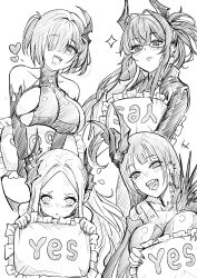  +++ 4girls :d adjusting_eyewear bahamut_(nikke) bare_shoulders behemoth_(nikke) blunt_bangs blush breasts chest_belt collarbone commentary drooling ear_piercing earclip elbow_gloves forehead four_beasts_(nikke) glasses gloves goddess_of_victory:_nikke hair_between_eyes hair_intakes hair_over_one_eye heart highres holding holding_pillow horns jacket large_breasts leviathan_(nikke) liquid_clothes long_hair looking_at_viewer mole mole_under_mouth monochrome mouth_drool multiple_girls one_side_up open_clothes open_jacket open_mouth parted_bangs parted_lips piercing pillow pointy_ears ponytail sideboob sidelocks single_horn smile sparkle sweat teeth upper_teeth_only upside-down yes-no_pillow yougenko ziz_(nikke) 