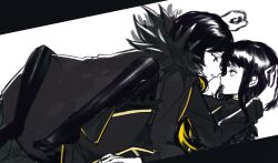  2girls binah_(project_moon) black_coat black_dress black_hair black_pantyhose blonde_hair coat coat_on_shoulders dress eye_contact highres library_of_ruina long_hair long_sleeves looking_at_another m_ttl medium_hair multicolored_hair multiple_girls open_mouth pantyhose parted_lips project_moon simple_background streaked_hair white_background yuri zena_(project_moon) 