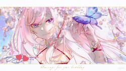  alt_text blue_eyes border breasts bridal_veil bug butterfly butterfly_on_hand cherry_blossoms commentary_request dress elysia_(honkai_impact) english_text female highres honkai_(series) honkai_impact_3rd large_breasts long_hair otwd_2d outdoors pink_hair signature smile solo veil very_long_hair white_border 