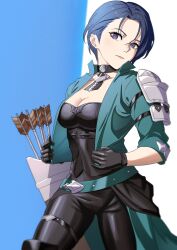  absurdres aqua_belt aqua_jacket armor arrow_(projectile) asymmetrical_hair belt black_gloves black_pants blue_hair bodice breasts choker cleavage closed_mouth collarbone female fire_emblem fire_emblem:_three_houses gloves green_belt green_jacket highres jacket kwajia3 large_breasts looking_at_viewer pants purple_eyes quiver shamir_nevrand short_hair shoulder_armor solo 