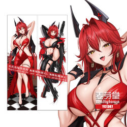 antenna_hair arm_up armpits bakugadou bare_legs between_breasts black_choker black_gloves black_horns black_jacket black_pants black_shoes blush breasts checkered_floor choker cleavage clothing_cutout commentary dakimakura_(medium) double-parted_bangs dress female fingerless_gloves full_body gloves goddess_of_victory:_nikke gun hair_between_eyes hair_intakes high_heels highres horns huge_weapon jacket jacket_on_shoulders knee_up large_breasts leg_cutout long_hair looking_at_viewer lying mechanical_horns merchandise_available multiple_views navel navel_cutout oerba_yun_fang official_alternate_costume on_back open_clothes open_jacket open_mouth padded_jacket pants red_dress red_hair red_hood_(nikke) red_hood_(nonsense_red)_(nikke) red_jacket red_scarf revealing_clothes rifle scarf shoes sidelocks simple_background skin_fang skindentation sleeveless sleeveless_dress smile sniper_rifle standing strap_between_breasts suspenders thigh_strap thighs underbust very_long_hair watermark weapon white_background wing228 yellow_eyes 