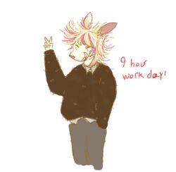  anthro closed_eyes clothed clothing colored digital_drawing_(artwork) digital_media_(artwork) ears_up equid equine female gesture hair hand_gesture hand_in_pocket hi_res horse mammal messy_hair peanut_gallery_(totalstinker) pockets pony red_nose sketch_page smile solo sweater teeth text topwear totalstinker v_sign 