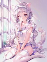  ahoge animal_ears blue_bow blue_bowtie blunt_bangs bow bowtie cat_ears collarbone female highres long_hair looking_at_viewer original parted_lips sailor_collar shirt sitting tail thighhighs thighs v_arms very_long_hair wariza wavy_hair white_eyes white_hair white_shirt white_thighhighs yp1091 