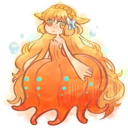  ajajasta bow braid crown_braid deformed dress female freckles hairbow highres ishmael_(project_moon) limbus_company long_hair looking_at_viewer monster_girl orange_dress orange_eyes orange_hair project_moon scylla sidelocks simple_background solo white_background white_bow 