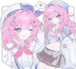  2girls beret black_skirt blue_eyes blue_hat breasts candy crop_top cyrene_(aedes_elysiae)_(honkai:_star_rail) cyrene_(honkai:_star_rail) cyrene_(nylon_japan)_(honkai:_star_rail) cyrene_(ripples_of_past_reverie)_(honkai:_star_rail) dual_persona food hair_rings hashtag-only_commentary hat heart highres holding holding_candy holding_food holding_lollipop honkai:_star_rail honkai_(series) jacket lollipop long_hair medium_breasts midriff miniskirt multiple_girls naty_(x_naty) navel official_alternate_costume pink_hair pointy_ears purple_eyes shirt short_hair simple_background skirt very_long_hair white_background white_jacket white_shirt 