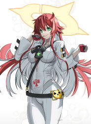  black_gloves bodysuit breasts broken_halo cleavage cowboy_shot female gloves green_eyes guilty_gear guilty_gear_strive halo jack-o&#039;_valentine kusu_(moo1225) long_hair medium_breasts multicolored_hair red_gloves red_hair simple_background solo two-tone_hair white_background white_bodysuit white_hair yellow_halo 
