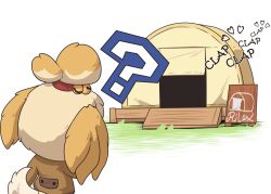  ? animal_crossing animal_ears artist_name bell blonde_hair body_fur brown_jacket commentary dog_ears dog_girl dog_tail english_commentary english_text facing_away female from_behind furry furry_female hair_bell hair_ornament hair_tie heart highres isabelle_(animal_crossing) jacket jingle_bell outdoors rilex_lenov sexually_suggestive short_hair sign signature solo standing tail tent topknot yellow_fur 