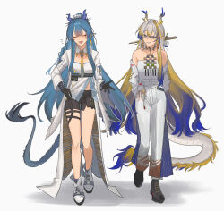  2girls arknights arms_behind_back bead_necklace beads black_shoes black_shorts blonde_hair blue_hair breasts closed_eyes collarbone dragon_girl dragon_horns dragon_tail earrings eastern_dragon_horns eastern_dragon_tail full_body green_eyes hair_between_eyes hair_ornament hand_on_own_hip highres horns jacket jewelry ling_(arknights) long_hair medium_breasts multiple_girls necklace open_mouth pants pointy_ears rena_(rrena) shirt shoes short_shorts shorts shu_(arknights) siblings simple_background sisters strapless strapless_shirt tail tassel tassel_earrings very_long_hair walking white_background white_hair white_jacket white_pants white_shirt white_shoes 