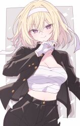  bang_dream! bang_dream!_it&#039;s_mygo!!!!! black_jacket black_pants blonde_hair border breasts cleavage commentary e20 female gakuran gloves hair_between_eyes hairband highres jacket large_breasts long_hair medium_hair midriff misumi_uika open_clothes open_jacket outside_border pants purple_eyes sarashi school_uniform solo white_border white_gloves white_hairband 