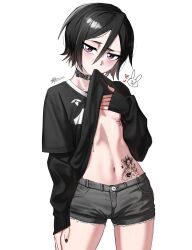  absurdres black_choker black_hair black_nails black_shirt black_shorts bleach breasts chest_tattoo choker clothes_in_mouth clothes_lift commentary denim denim_shorts female hair_between_eyes heart heart_tattoo highres kuchiki_rukia looking_at_viewer nail_polish navel purple_eyes shirt short_hair short_shorts shorts signature simple_background small_breasts solo stomach stomach_tattoo tattoo waligner white_background 