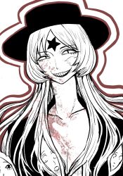  blood blood_on_face breasts chinese_commentary cleavage commentary_request female grin hat highres humanization long_hair looking_at_viewer multiple_heads nana_(randal&#039;s_friends) noecho randal&#039;s_friends simple_background smile solo spot_color upper_body white_background 