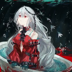  aqua_gloves arknights ascot bare_shoulders black_ascot blood breasts clothing_cutout commentary_request female fumi_(rdbm) gloves grey_hair hair_between_eyes hair_ornament highres long_hair long_sleeves looking_up medium_breasts parted_lips red_eyes skadi_(arknights) skadi_the_corrupting_heart_(arknights) solo submerged underwater 
