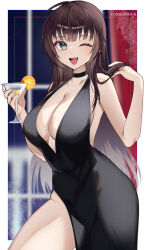  absurdres bare_arms bare_shoulders black_dress breasts brown_hair center_opening cleavage commission cup dress drinking_glass evening_gown female green_eyes halterneck highres holding holding_cup indie_virtual_youtuber large_breasts long_hair one_eye_closed open_mouth revealing_clothes sam_(vtuber) skeb_commission sleeveless sleeveless_dress solo tanaka_(tps9g) window 