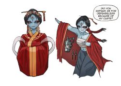  alien blue_skin braid breasts chest_sarashi chinese_clothes cleavage colored_skin english_text female fewer_digits gun hair_ornament hair_stick highres jacket lipstick looking_at_viewer makeup no_nose open_clothes open_jacket sarashi smile solid_eyes solo speech_bubble superfeyn t&#039;au twin_braids warhammer_40k weapon white_background 