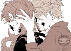  2boys arm_up bite_mark bite_mark_on_neck clothes_grab collared_shirt diluc_(genshin_impact) earrings eyelashes fingernails from_side genshin_impact hand_on_another&#039;s_head hashtag-only_commentary highres hiki_yuichi jewelry looking_back male_focus multiple_boys open_mouth parted_bangs parted_lips piercing profile shirt shirt_grab simple_background sleeve_cuffs tartaglia_(genshin_impact) teeth tongue watermark white_background yaoi 