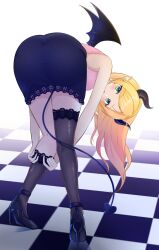  arlonn ass bare_shoulders bent_over black_horns black_skirt black_tail black_thighhighs black_wings blonde_hair breasts checkered_floor demon_girl demon_horns demon_tail demon_wings female high_heels highres hololive horns large_breasts long_hair pink_shirt shirt simple_background skirt solo tail thighhighs virtual_youtuber white_background wings yuzuki_choco 