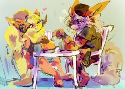  anthro arcanine beverage chair clothing coffee coffee_cup container cookie_(cookiewuff) cup eeveelution flareon fluffy fluffy_tail furniture generation_1_pokemon hat headgear headwear hi_res horn nintendo pokemon pokemon_(species) table tail zanthu 