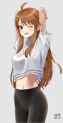  ahoge arms_behind_head black_leggings blue_eyes breasts brown_hair cowboy_shot female grey_background highres idolmaster idolmaster_million_live! leggings long_hair looking_at_viewer midriff myeolchi navel one_eye_closed open_mouth shirt shirt_overhang short_sleeves simple_background solo standing stretching tokoro_megumi white_shirt 