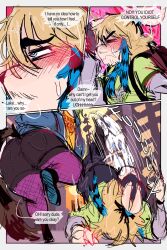  anthro backpack black_body black_fur blonde_hair blue_highlights blush blush_lines bottomwear brown_body brown_fur closed_eyes clothing demi_(gat0pussy24) dialogue duo english_text fishnet_clothing fishnet_legwear footwear fur gat0pussy24 hair half-closed_eyes hi_res highlights_(coloring) hoodie hotpants lagomorph lake_(gat0pussy24) legwear leporid male mammal markings multicolored_body multicolored_fur narrowed_eyes nonbinary_(lore) onomatopoeia procyonid rabbit raccoon shoes shorts slightly_chubby slightly_chubby_anthro slightly_chubby_male sneakers sound_effects speech_bubble striped_markings striped_tail stripes stubble tail tail_markings teapot_(body_type) text tied_ears topwear two_tone_body two_tone_fur 