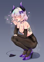  1boy banknote bare_shoulders black_bra black_gloves black_pantyhose blue_eyes blush bra breasts chinese_commentary choker cleavage commentary_request demon_horns demon_tail elbow_gloves fellatio_gesture gloves grin heart high_heels horns husun_wei implied_prostitution large_variant_set long_hair looking_at_viewer male_focus male_with_breasts mole mole_on_breast money open_mouth original pantyhose pointy_ears ponytail purple_hair purple_shoes red_nails saliva shoes smile solo squatting tail tongue tongue_out trap underwear v variant_set very_long_hair 