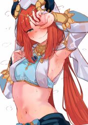  armpits blush fake_horns female folia_leaf genshin_impact highres horns jewelry long_hair navel nilou_(genshin_impact) red_hair solo sweat 