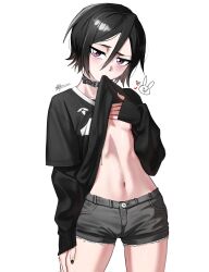  black_choker black_hair black_nails black_shirt black_shorts bleach breasts choker clothes_in_mouth clothes_lift commentary denim denim_shorts female hair_between_eyes highres kuchiki_rukia looking_at_viewer nail_polish navel purple_eyes shirt short_hair short_shorts shorts signature simple_background small_breasts solo stomach waligner white_background 