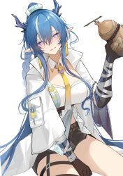  arknights black_shorts blue_hair blue_horns bolo_tie breasts colored_extremities cowboy_shot detached_collar dragon_girl dragon_horns earrings female gourd highres holding holding_gourd horns jacket jewelry large_breasts light_smile ling_(arknights) long_hair looking_at_viewer multicolored_hair open_clothes open_jacket paszuto pointy_ears purple_eyes short_shorts shorts simple_background sitting solo streaked_hair thigh_strap very_long_hair white_background white_hair white_jacket 