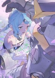  ammunition_pouch bare_shoulders blue_eyes blue_hair blurry blurry_background braid braided_ponytail clothing_cutout collarbone commentary_request crying detached_sleeves falling_petals female flower flower_hairpin grass hair_ornament hairpin highres humanoid_robot joints long_hair mechanical_arms mole mole_on_shoulder open_mouth outdoors petals pink_flower pouch purple_flower robot robot_joints see-through_dress_layer seed_(zenless_zone_zero) seed_sr. side_cutout sparkle suit tears thigh_cutout umiwashi white_flower white_suit zenless_zone_zero 