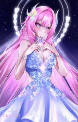  alternate_costume artist_name bare_shoulders blue_dress blue_eyes breasts cleavage commentary cyrene_(honkai:_star_rail) cyrene_(ripples_of_past_reverie)_(honkai:_star_rail) dress english_commentary female flower hair_flower hair_ornament halo highres honkai:_star_rail honkai_(series) large_breasts long_hair pink_hair sky smile solo star_(sky) starry_sky very_long_hair yuiko_ku 