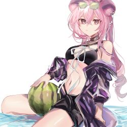  animal_ears arknights bare_shoulders bikini black_bikini breasts commentary_request crossed_bangs eyewear_on_head female fumi_(rdbm) green-tinted_eyewear grey_eyes hair_between_eyes hexagonal_eyewear highres lin_(arknights) lin_(summer)_(arknights) long_hair medium_breasts navel off_shoulder official_alternate_costume parted_lips partial_commentary pink_hair simple_background solo swimsuit tinted_eyewear watermark white_background 