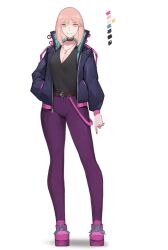  aqua_jacket arm_at_side belt black_shirt breasts brown_belt cleavage collar color_guide commentary english_commentary female full_body hand_in_pocket high_collar highres jacket long_sleeves looking_at_viewer lucadark_art medium_hair multicolored_jacket open_clothes open_jacket original pants pink_hair purple_jacket purple_pants purple_shoes red_nails reika_(lucadark_art) shirt shirt_tucked_in shoes simple_background smile solo spiked_collar spikes white_background yellow_eyes 