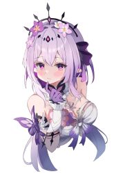  absurdres blush breasts castorice_(honkai:_star_rail) cleavage commentary cropped_torso detached_sleeves dress elf female flower gloves hair_flower hair_ornament hand_up highres honkai:_star_rail honkai_(series) large_breasts long_hair looking_to_the_side pointy_ears pota_ken purple_eyes purple_gloves purple_hair simple_background solo white_background white_dress 