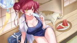  alternate_costume anko_(kp2eom) blue_one-piece_swimsuit blush breasts cleavage double_bun feline female food fruit hair_bun heterochromia highres holding holding_food holding_popsicle hololive houshou_marine large_breasts long_hair looking_at_viewer one-piece_swimsuit open_mouth popsicle red_eyes red_hair solo swimsuit tongue tongue_out virtual_youtuber watermelon watermelon_slice yellow_eyes 