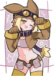  +++ ;d black_collar blonde_hair blush border brown_gloves brown_hat brown_shorts collar commentary cowboy_shot cropped_jacket disgaea female gloves goggles goggles_on_headwear hands_up hat highres jacket long_sleeves looking_at_viewer micro_shorts navel oerba_yun_fang one_eye_closed open_clothes open_jacket open_mouth outline outside_border purple_background short_hair shorts sidelocks skin_fang slit_pupils smile solo star_(symbol) suaman thief_(disgaea) thighhighs white_border white_outline yellow_eyes yellow_thighhighs 