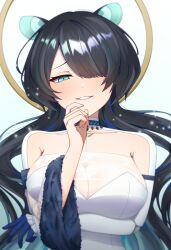  absurdres arm_under_breasts black_hair blue_eyes blue_hair breasts collarbone colored_inner_hair erina_makina female hair_over_one_eye halo highres long_hair mechanical_arms multicolored_hair nanamo_127 phase_connect second-party_source see-through_cleavage see-through_clothes single_mechanical_arm solo upper_body virtual_youtuber 