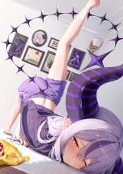  absurdres alternate_costume barefoot female food highres hololive horns la+_darknesss multicolored_hair one_eye_closed pointy_ears purple_hair purple_shorts ramuneru shorts solo streaked_hair striped_horns top-down_bottom-up virtual_youtuber yellow_eyes 