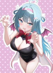  absurdres ahoge amano_nene_(vtuber) animal_ear_fluff black_leotard blood blood_from_mouth blue_eyes blue_hair blush bow bowtie braid breasts brooch cleavage cleavage_cutout clothing_cutout eikawa_suru female hairband head_wings heart_cutout highres indie_virtual_youtuber jewelry leotard long_sleeves mole mole_on_breast oerba_yun_fang open_mouth pink_hairband pink_nails polka_dot polka_dot_background red_bow red_bowtie second-party_source skin_fang solo virtual_youtuber wings 