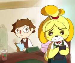  2021 3_fingers animal_crossing anthro arms_bent bangs bell_hair_tie black_eyebrows black_nose black_sclera blonde_hair bow_tie brown_clothing brown_hair brown_topwear brown_vest canid canine canis clipboard closed_smile clothed clothed_anthro clothed_female clothed_human clothed_male clothing coat coffee_cup colored container cookieboy011 cup desk digital_drawing_(artwork) digital_media_(artwork) dipstick_tail domestic_dog duo english_description eyebrows female female_anthro fingers fully_clothed fully_clothed_anthro fully_clothed_female furniture green_clothing green_coat green_topwear green_vest hair happy holding_clipboard holding_object human inside isabelle_(animal_crossing) light lighting looking_at_another male male_human mammal markings mouth_closed multicolored_hair name_plate nintendo no_pupils orange_ears orange_hair paper ponytail red_bow_tie red_hair_tie red_nose shaded shih_tzu short_hair smile smiling_at_another story story_in_description sunlight table tail tail_markings tan_body tan_skin tan_wall thin_eyebrows topwear toy_dog two_tone_hair two_tone_tail vest villager_(animal_crossing) wall_(structure) white_dress_shirt white_eyes white_tail_tip yellow_tail 