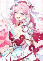  absurdres braid braided_bangs breasts cleavage commentary cowboy_shot diamond-shaped_pupils diamond_(shape) dress elysia_(hi_love_elf)_(honkai_impact) elysia_(honkai_impact) english_commentary female gloves hair_ornament hand_up hat heart heart_hair_ornament highres honkai_(series) honkai_impact_3rd large_breasts long_hair looking_at_viewer multicolored_hair mush_(mushlicious) one_eye_closed open_mouth pink_hair pointy_ears purple_eyes single_bare_shoulder smile solo streaked_hair symbol-shaped_pupils white_dress white_gloves white_hat 