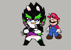  2023 5_fingers absurd_res anthro artist_name belt big_nose black_boots black_clothing black_eyebrows black_eyes black_facial_hair black_footwear black_hair black_handwear black_jacket black_mittens black_mustache black_topwear blue_clothing blue_eyes blue_overalls boots brown_clothing brown_footwear brown_hair brown_shoes button_(fastener) clothed clothed_anthro clothed_female clothed_human clothed_male clothing colored crossed_arms crossover digital_drawing_(artwork) digital_media_(artwork) dot_eyes duo edge_(mario_plus_rabbids) english_description exclamation_point eyebrows eyelashes facial_hair featureless_crotch female female_anthro fingers footwear fully_clothed fully_clothed_human fully_clothed_male gloves green_belt green_eyebrows green_hair grey_background hair half-closed_eyes handwear hat headgear headwear hi_res human jacket lagomorph light lighting lips long_ears looking_at_another male male_human mammal mario mario_bros mario_plus_rabbids_sparks_of_hope mittens moustache mouth_closed narrowed_eyes nintendo noseless open_belt open_clothing open_jacket open_mouth open_smile open_topwear overalls pantsless_anthro pantsless_female purple_clothing purple_eyelids purple_shirt purple_topwear rabbid raving_rabbids rayman_(series) red_clothing red_hat red_headwear red_shirt red_topwear shirt shoes short_hair simple_background simple_eyes smile solo_focus spiky_hair squint straight_legs surprised tan_inner_ear tan_lips text thick_eyebrows topwear torn_clothing torn_shirt torn_topwear ubisoft vampkettleartz white_clothing white_gloves white_handwear 