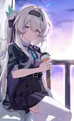  absurdres belt black_belt black_hairband black_jacket black_skirt cup disposable_cup female firefly_(honkai:_star_rail) firefly_(jepella_rebellion)_(honkai:_star_rail) grey_hair hair_between_eyes hair_ornament hairband highres holding holding_cup honkai:_star_rail honkai_(series) jacket jacket_on_shoulders long_hair looking_at_viewer ningmeng_zizi official_alternate_costume pink_eyes pleated_skirt shirt short_sleeves skirt solo thighhighs white_shirt white_thighhighs 