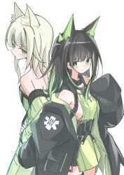  2girls animal_ear_fluff animal_ears arknights back-to-back bare_shoulders black_hair black_jacket blush closed_mouth colored_inner_hair commentary cowboy_shot green_eyes green_hair hand_up highres jacket kal&#039;tsit_(arknights) medium_hair mon3tr_(arknights) motsupu multicolored_hair multiple_girls off_shoulder simple_background sleeves_past_fingers sleeves_past_wrists standing star_of_life white_background 