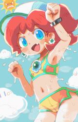  angry_sun blue_sky breasts brown_hair cloud commentary crop_top earrings female flower_earrings hat highres ikaheigen jewelry long_hair looking_at_viewer mario_(series) mario_kart mario_kart_world navel oerba_yun_fang open_mouth orange_shorts ponytail princess_daisy princess_daisy_(swimwear)_(mario_kart_world) shorts sky small_breasts smile symbol-only_commentary water wet 