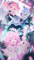  3girls absurdres alternate_costume aqua_eyes bare_shoulders black_shirt black_skirt breasts cerydra_(honkai:_star_rail) closed_eyes closed_mouth commentary_request crown cyrene_(honkai:_star_rail) cyrene_(ripples_of_past_reverie)_(honkai:_star_rail) dotori_(seulseul) dress electric_guitar fingernails flower grey_hair guitar hair_between_eyes hair_flower hair_intakes hair_ornament hand_on_own_face hand_up hat highres holding holding_baton holding_microphone honkai:_star_rail honkai_(series) hyacine_(honkai:_star_rail) idol instrument jacket medium_breasts microphone midriff multiple_girls music nail_polish navel off_shoulder open_clothes open_jacket open_mouth pink_hair playing_instrument purple_flower purple_rose rose shirt skirt sleeveless sleeveless_shirt smile thighs twintails white_dress white_hat white_jacket wristband 