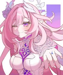  ;) bare_shoulders breasts commentary_request cyrene_(honkai:_star_rail) cyrene_(ripples_of_past_reverie)_(honkai:_star_rail) diamond-shaped_pupils diamond_(shape) female flower hair_flower hair_ornament halo highres honkai:_star_rail honkai_(series) jewelry large_breasts long_hair looking_at_viewer one_eye_closed pink_hair pointy_ears purple_eyes ring smile solo suke_nnn symbol-shaped_pupils very_long_hair wedding_ring 