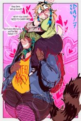  anthro backpack blonde_hair blood blue_highlights blush blush_lines bodily_fluids bottomwear brown_body brown_fur closed_eyes clothing demi_(gat0pussy24) dialogue duo english_text fishnet_clothing fishnet_legwear flustered fur gat0pussy24 green_hair grin hair half-closed_eyes heart_symbol hi_res highlights_(coloring) hoodie hotpants lagomorph lake_(gat0pussy24) legwear leporid male mammal markings narrowed_eyes nonbinary_(lore) nosebleed pants procyonid rabbit raccoon shirt shorts size_difference slightly_chubby slightly_chubby_anthro slightly_chubby_male smile speech_bubble striped_markings striped_tail stripes stubble sweatpants t-shirt tail tail_markings tan_body tan_fur teapot_(body_type) text thick_thighs tied_ears topwear wide_hips 